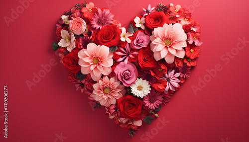 Beautiful flowers form a heart on a red background