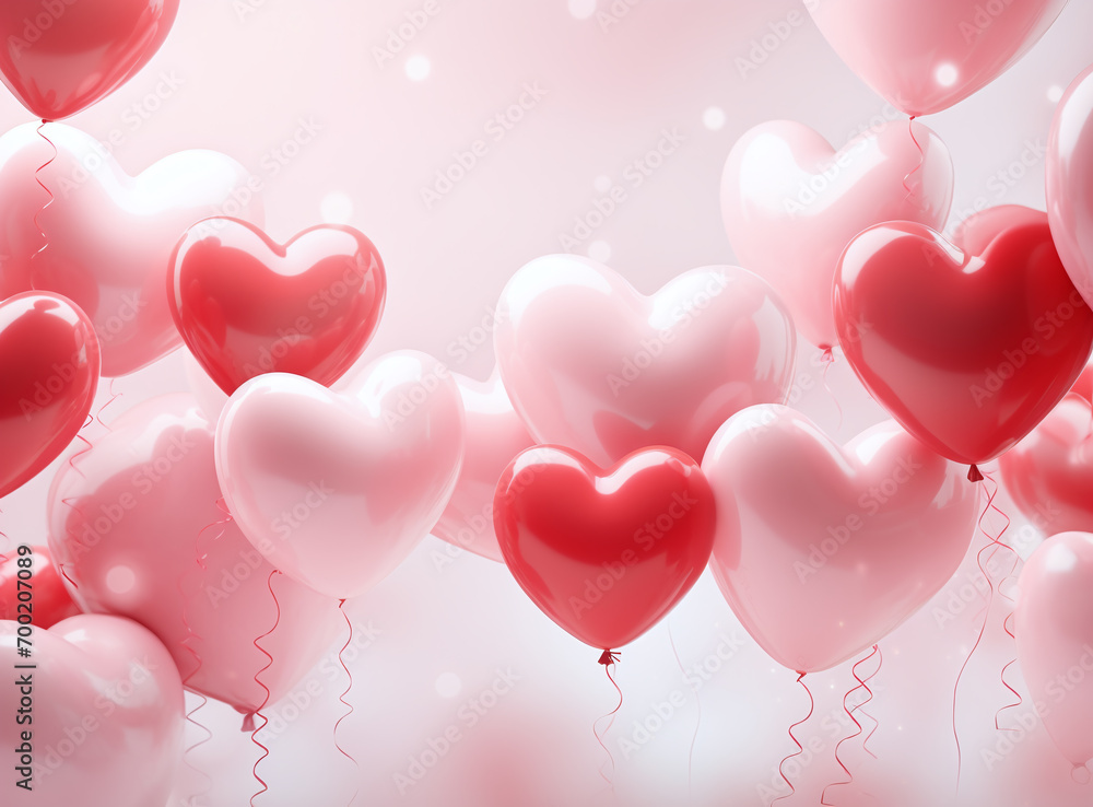 Illustration with realistic balloons heart shape on a pink background