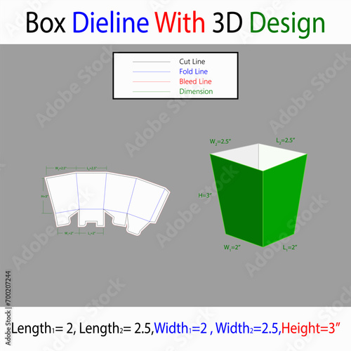 Popcorns Box L1=2, L2=2.5, W1=2, W2=2.5, H=3 inch Dieline Template With 3d Design photo