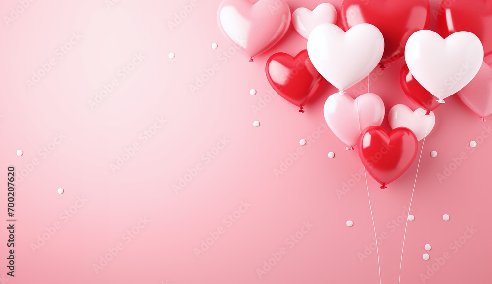 Realistic red and white balloons on a pink backgroundRed and silver ribbons and a red heart on a white background