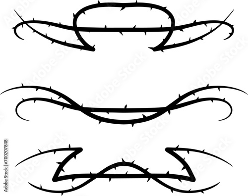 Thorn branch or vine. Element of tattoo with spike. Natural intertwined pattern. Black illustration isolated on white