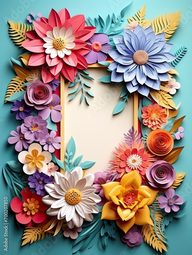 Paper cut flowers with frame on pink background. Paper art style