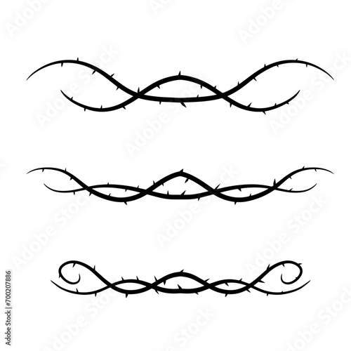Thorn branch or vine. Element of tattoo with spike. Natural intertwined pattern. Black illustration isolated on white