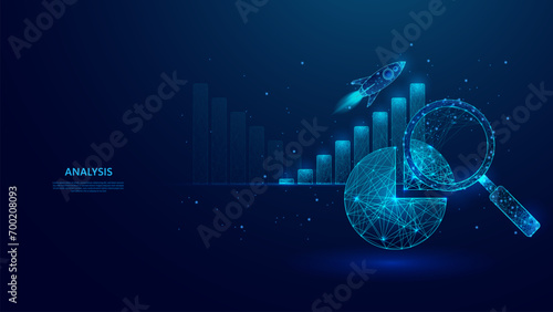 rocket launch, bar graph, pie graph, magnifying glass. growth analysis data in low poly concept blue background and sparkling stars.