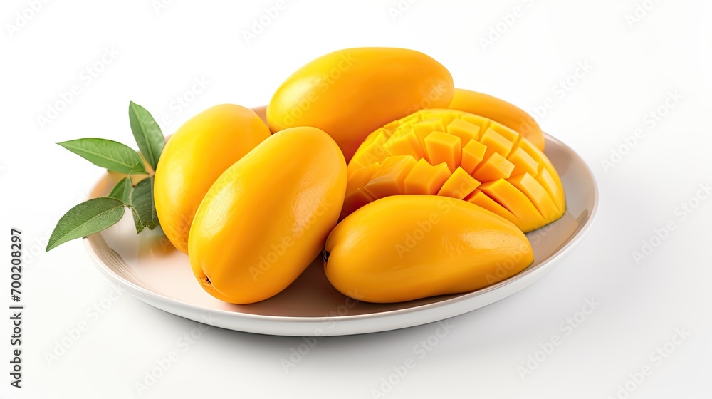Fresh mango slices with several whole mangoes on a plate isolated in a white background