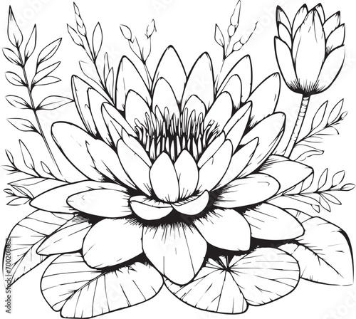 Lotus flower coloring book hand drawn botanical spring elements bouquet of waterlily line art, coloring page, vector sketch, artistic simplicity doodle art, Easy waterlily flower drawing, pansy flower