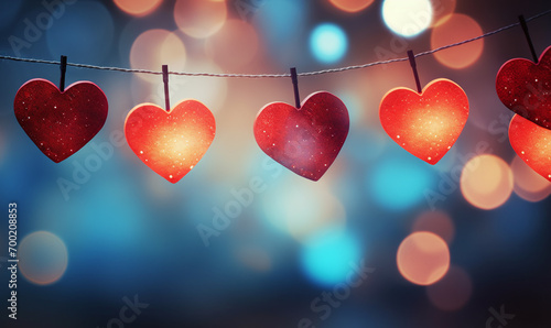 String of heart shaped lights on a blue background