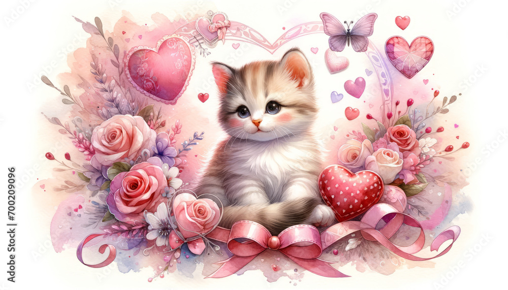 cute kitten surrounded in flowers and hearts. valentines day. To create postcards, invitations - obrazy, fototapety, plakaty 