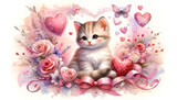 cute kitten surrounded in flowers and hearts. valentines day. To create postcards, invitations