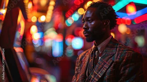 Portrait of a handsome african american man in stylish jacket playing slot machine.