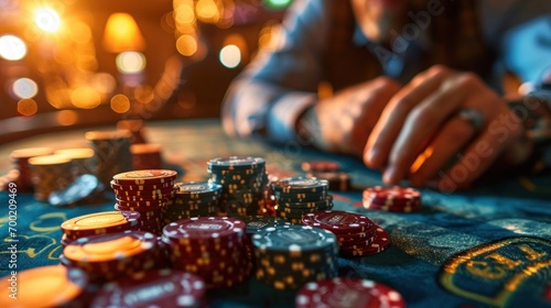 Close up of man playing Texas holdem poker in casino photo