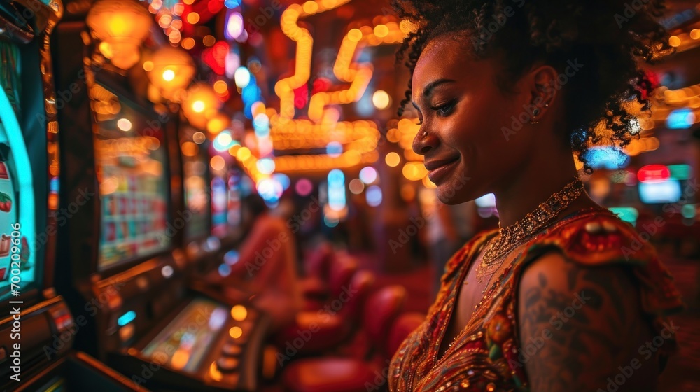 Beautiful african american woman playing slot machine in casino.
