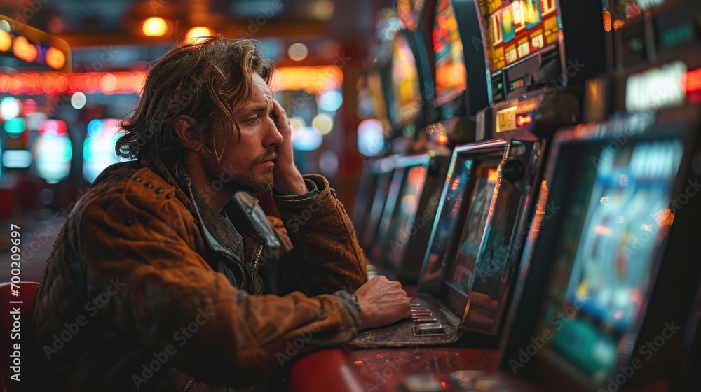 Casino, gambling, entertainment and people concept - close up of sad young man playing slot machine at night. - obrazy, fototapety, plakaty 