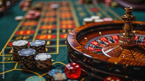 Casino roulette table with chips and red dice, close up. photo
