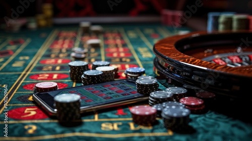 Casino roulette table with chips, cards and roulette wheel with mobile phone. Online gambling. photo
