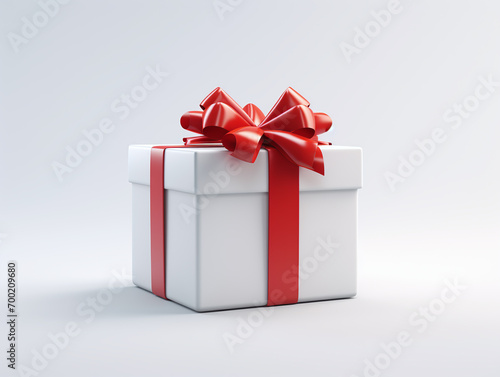 White gift package with a red ribbon on a white background