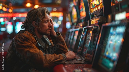 Casino, gambling, entertainment and people concept - close up of sad young man playing slot machine at night. photo