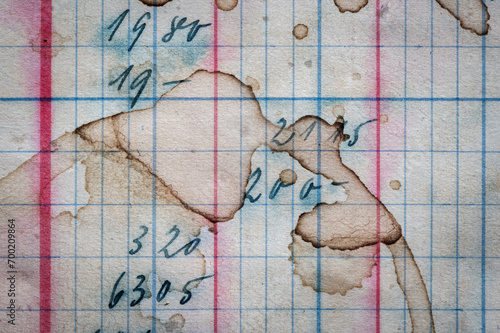 Closeup of vintage grungy, ledger paper with handwriting in ink and coffee stains.  photo