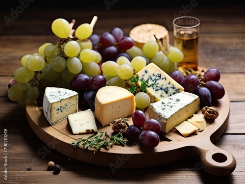 Assorted cheese, grapes and a glass of white wine on a wooden board