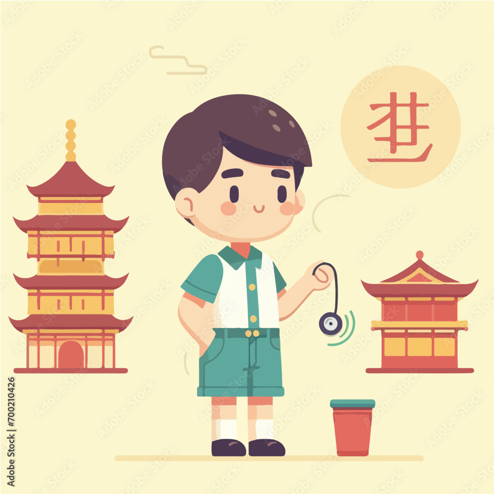 vector character of a guy playing a yo-yo with the vibes of a Chinese building