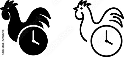 Early morning icon rooster and clock , vector line illustration	