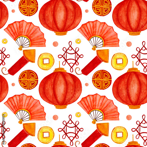 Watercolor pattern with lantern, fan, coin on white background. For various products in asian style, Chinese New Year