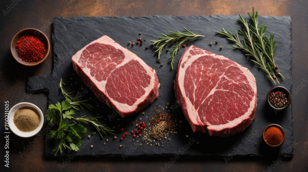 raw beef steaks on a black board