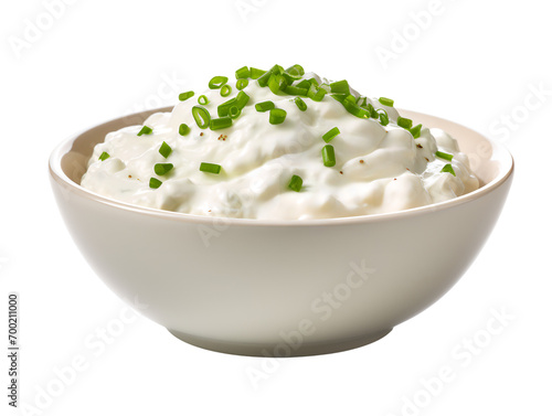Sour cream and onion in bowl, isolated on a transparent or white background photo