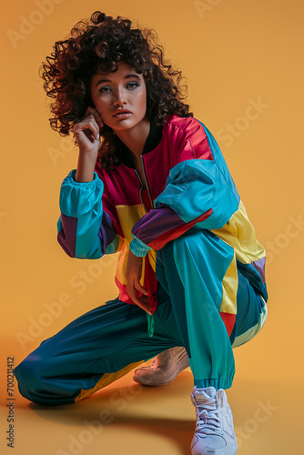 Wallpaper Mural Sporty woman in colorful fitness outfit 80s retro fashion model poses gym concept	 Torontodigital.ca