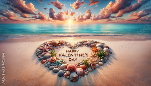 Illustration of Valentine card on summer beach resort background. Honeymoon. Tourism
