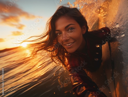 Fit cute woman surfing ocean wave