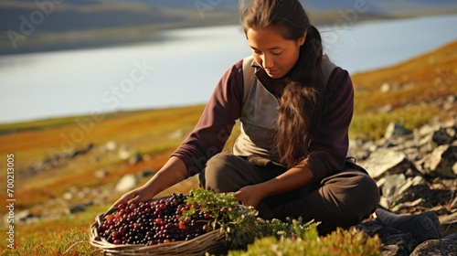 Beautiful inuit girl collecting berries during the the Arctic harvesting season