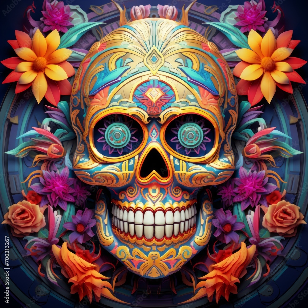 Kaleidoscopic Floral Skull Design Celebrating Mexican Heritage and Ancestral Spiritsใ Vibrant Mayan Skull Embellished with Flowers for Dia de los Muertos Festivities