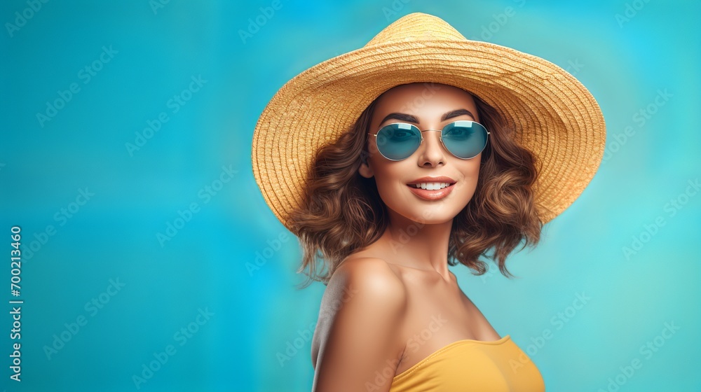 a pretty lady wear sunglasses and big hat