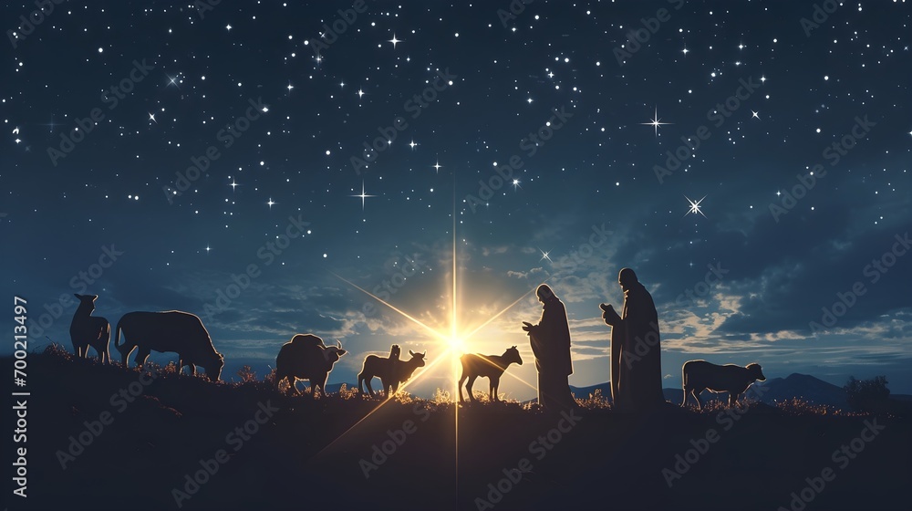 Heilige Nacht: Stern von Bethlehem über den Silhouetten von Jesus, Maria und Joseph - obrazy, fototapety, plakaty 
