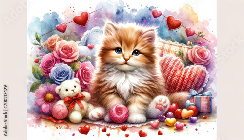 cute kitten surrounded in flowers and hearts. valentines day. To create postcards, invitations photo