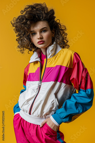 Wallpaper Mural Sporty woman in colorful fitness outfit 80s retro fashion model poses gym concept	 Torontodigital.ca