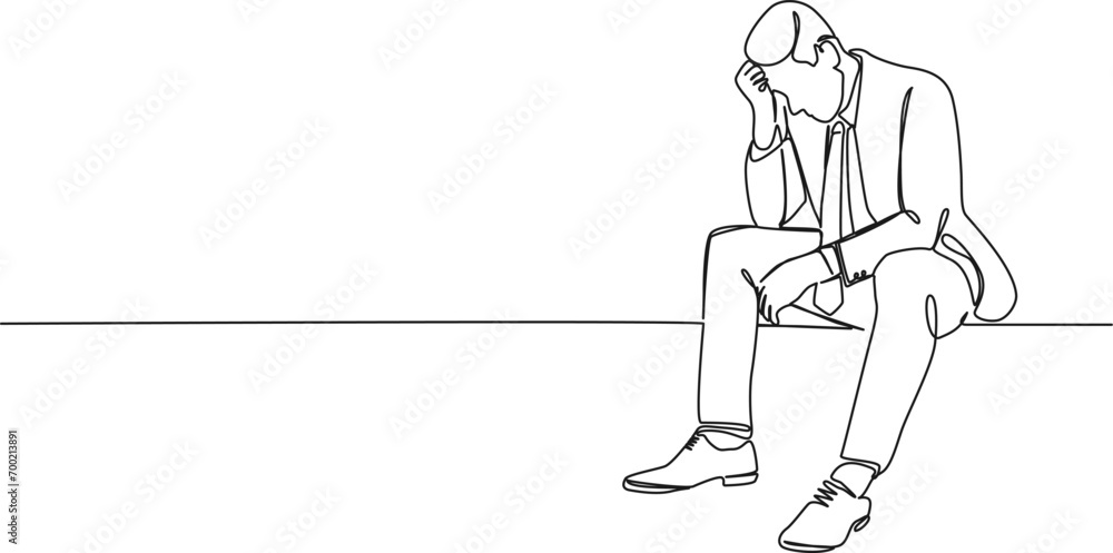 continuous single line drawing of worried businessman, line art vector illustration