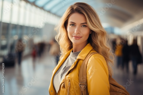 Beautiful girl with a backpack stands at the airport  traveling by plane 