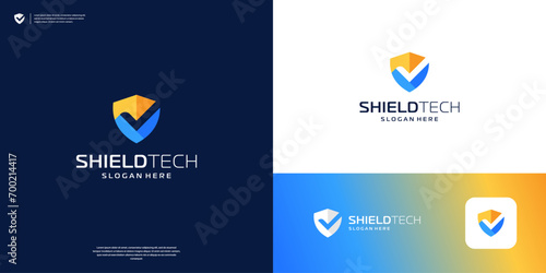 Colorful shield logo design. negative space check mark approved icon.