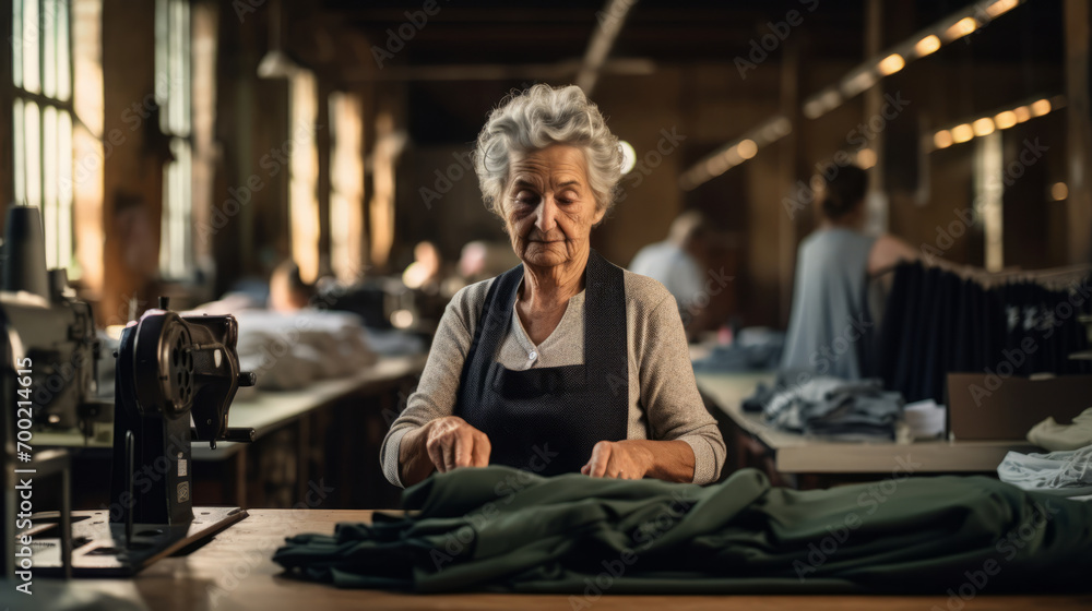 An elderly woman working in a clothing factory ,Garment cutting and sewing factory