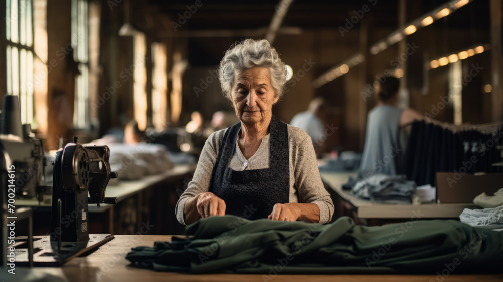 An elderly woman working in a clothing factory ,Garment cutting and sewing factory An elderly woman working in a clothing factory ,Garment cutting and sewing factory