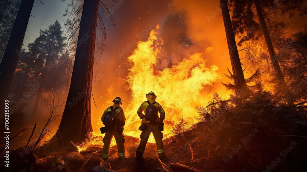 A highly skilled hotshot firemen working on challenging remote area with flames reaching the treetops. A highly skilled hotshot firemen working on challenging remote area with flames reaching the treetops.