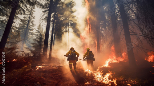A highly skilled hotshot firemen working on challenging remote area with flames reaching the treetops.