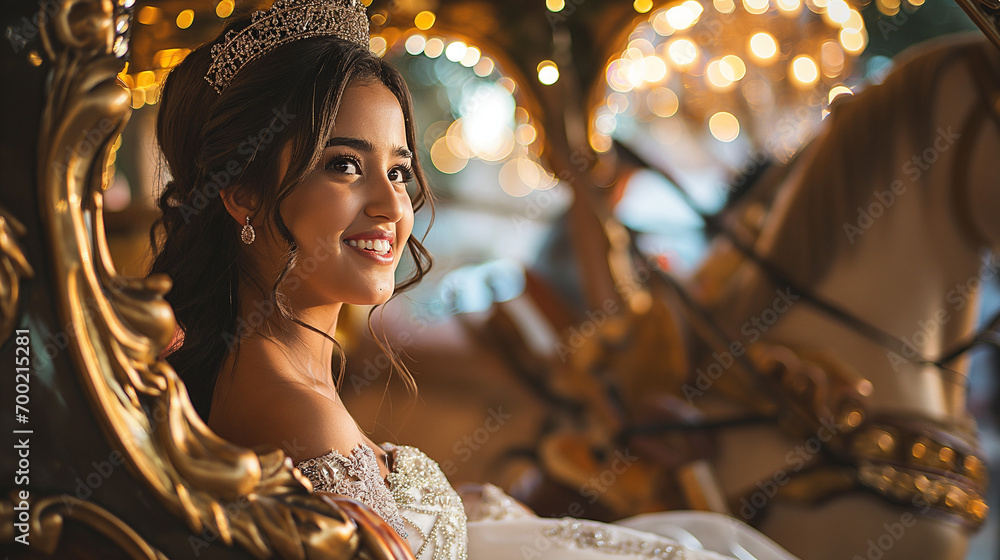 A radiant Spanish teenager makes a grand entrance at her quinceañera, arriving in an elaborate carriage - obrazy, fototapety, plakaty 