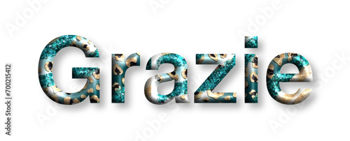 Grazie - thank you written in Italian - lettering - green and gold color, embossed tubular font, transparent backgroun - image, poster, placard, banner, postcard, card.