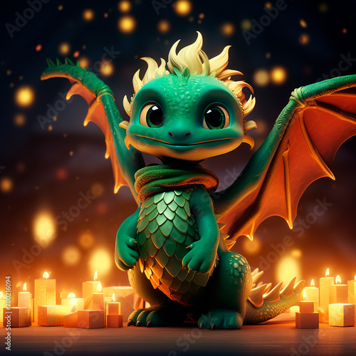 Cute Christmas dragon. Christmas card 2024. Generative AI