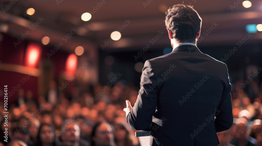 Back view of a businessman giving a speech on the stage Back view of a businessman giving a speech on the stage