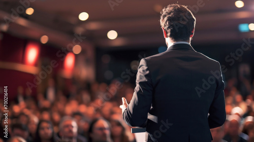 Back view of a businessman giving a speech on the stage