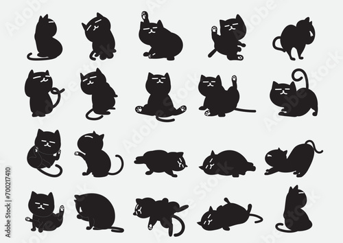 Black cats poses. Pussycat in different pose behavior. Home cat vector illustration